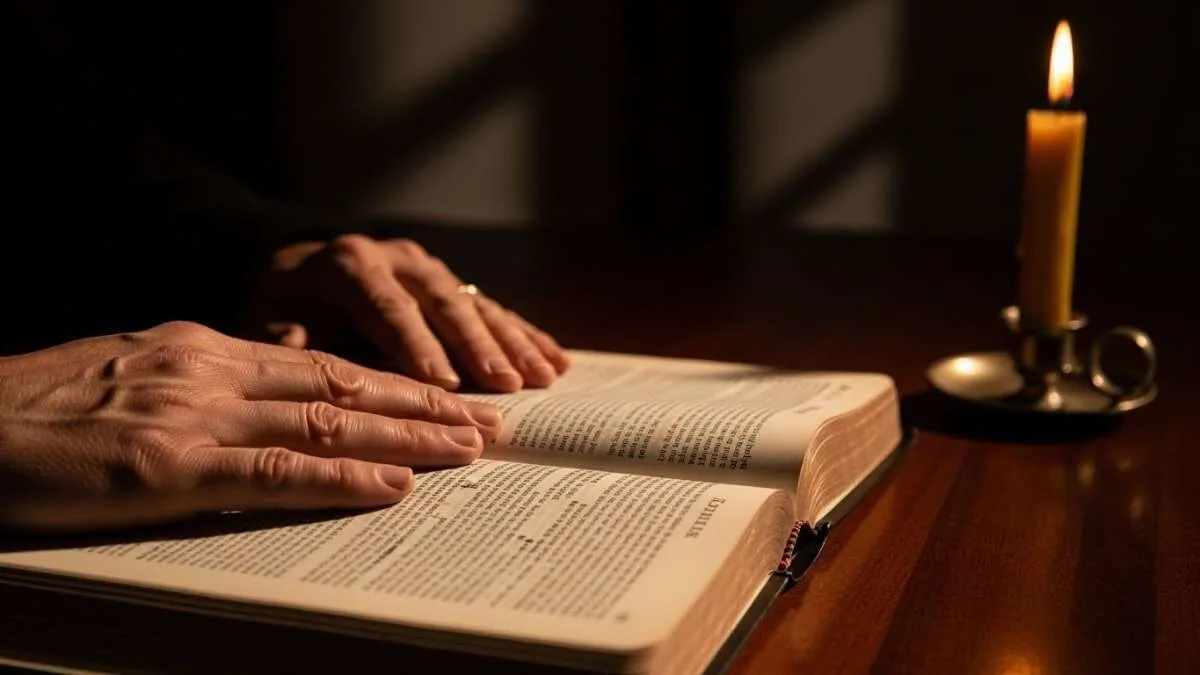 Mãos repousando sobre uma Bíblia aberta iluminada por luz suave, representando o momento de aquietar-se