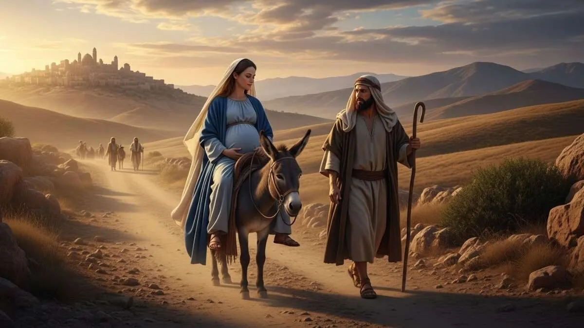 maria gravida montada em burro guiada por jose caminhando rumo a belem