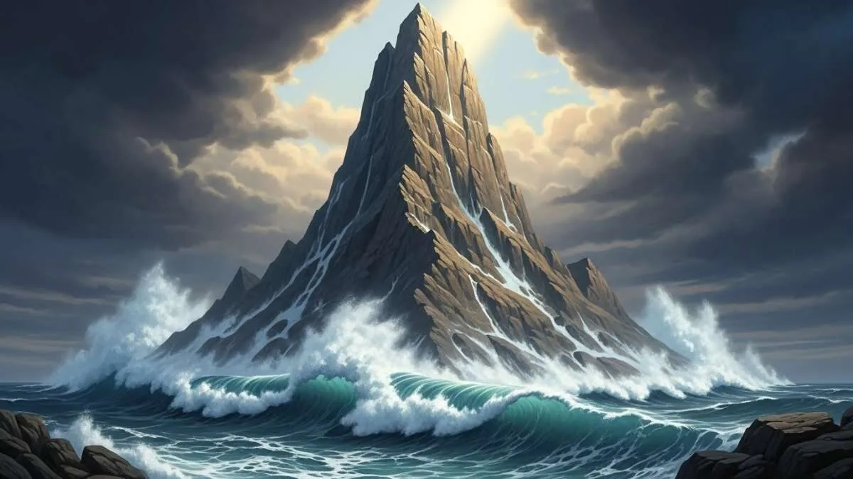 Uma montanha firme resistindo a ondas gigantes e tempestades, simbolizando Deus como refúgio e fortaleza