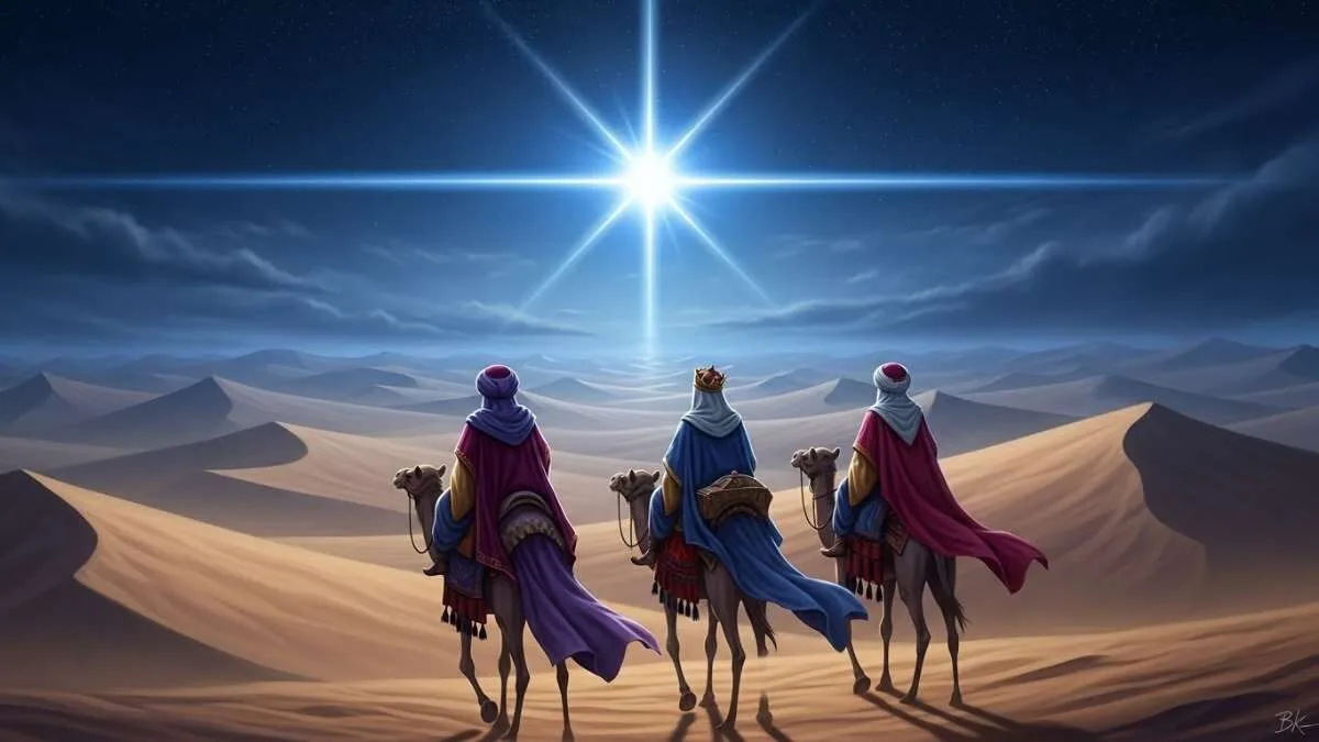 tres reis magos em camelos seguindo estrela brilhante atraves do deserto noturno