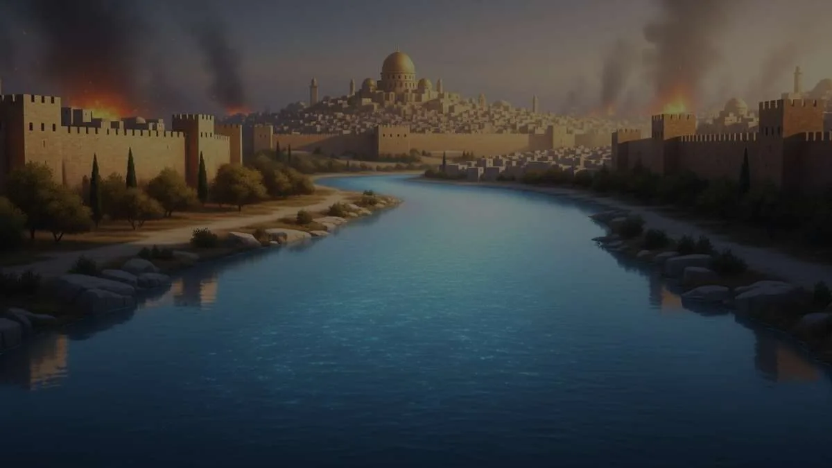 Um rio tranquilo fluindo pela Cidade de Deus, trazendo alegria e paz enquanto o exterior está agitado